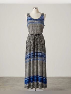Fever Blue and Black Geometric Elastic Waist Maxi Dress